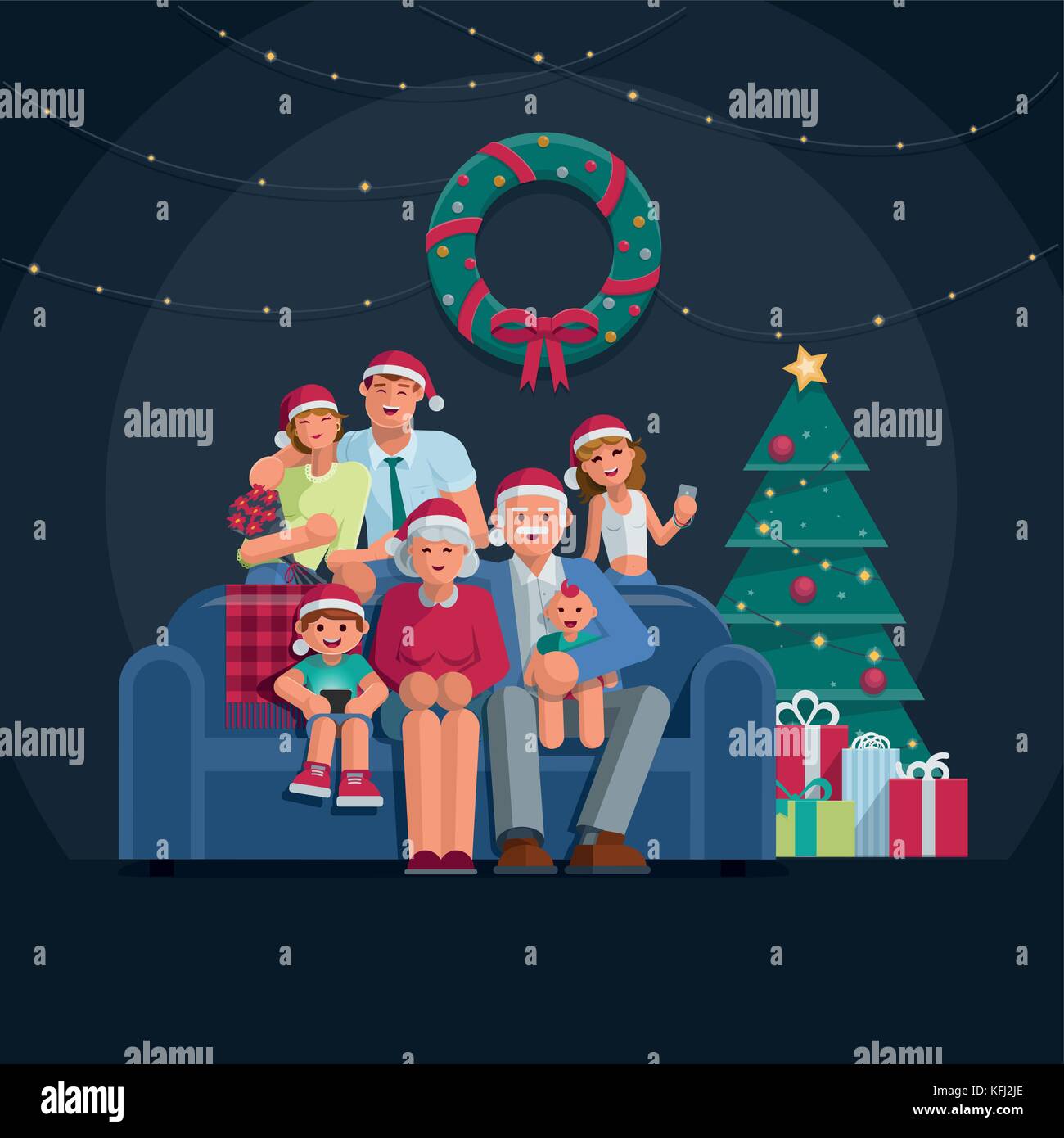 The whole family is together at Christmas. Grandmother, grandfather, mother, father son and daughter together. Elements are layered separately. Stock Vector
