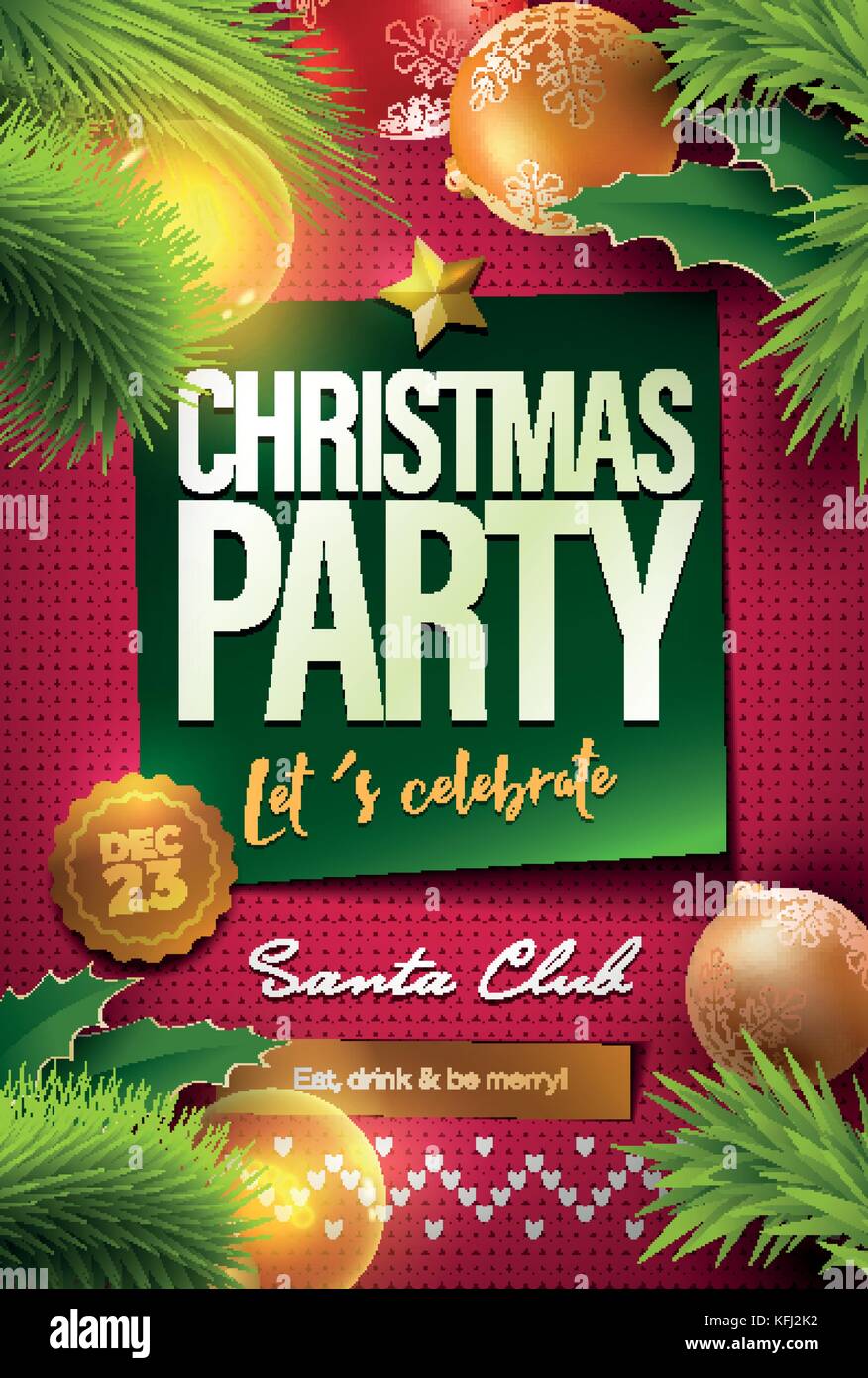 Merry Christmas Party Poster Design Template on vector knitted pattern. Elements are layered separately in vector file. Global colors. Easy editable. Stock Vector