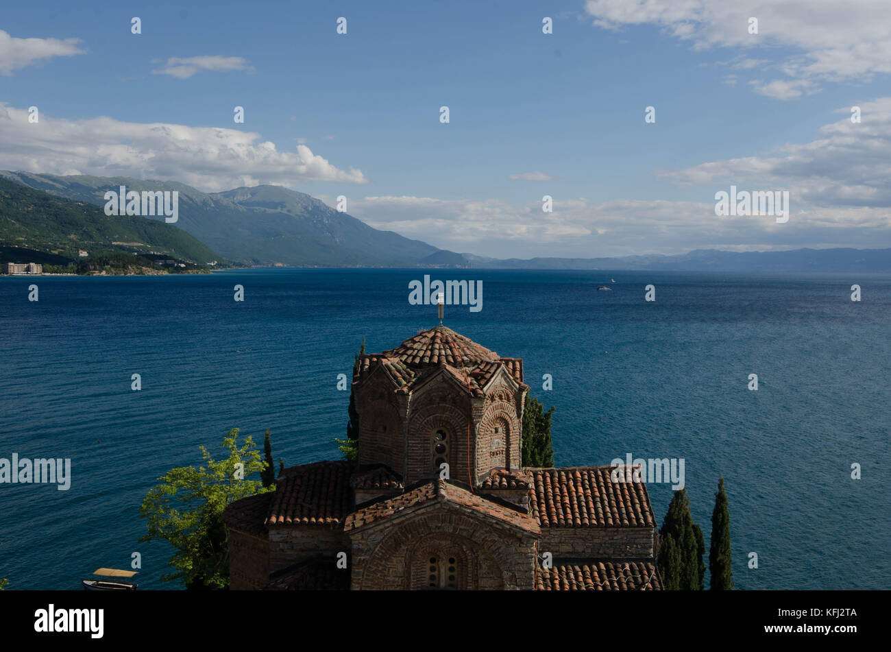 Ohrid, Macedonia - 03 July 2017: Orthodox Church of St John at Kaneo on a cliff overlooking Ohrid Lake Stock Photo