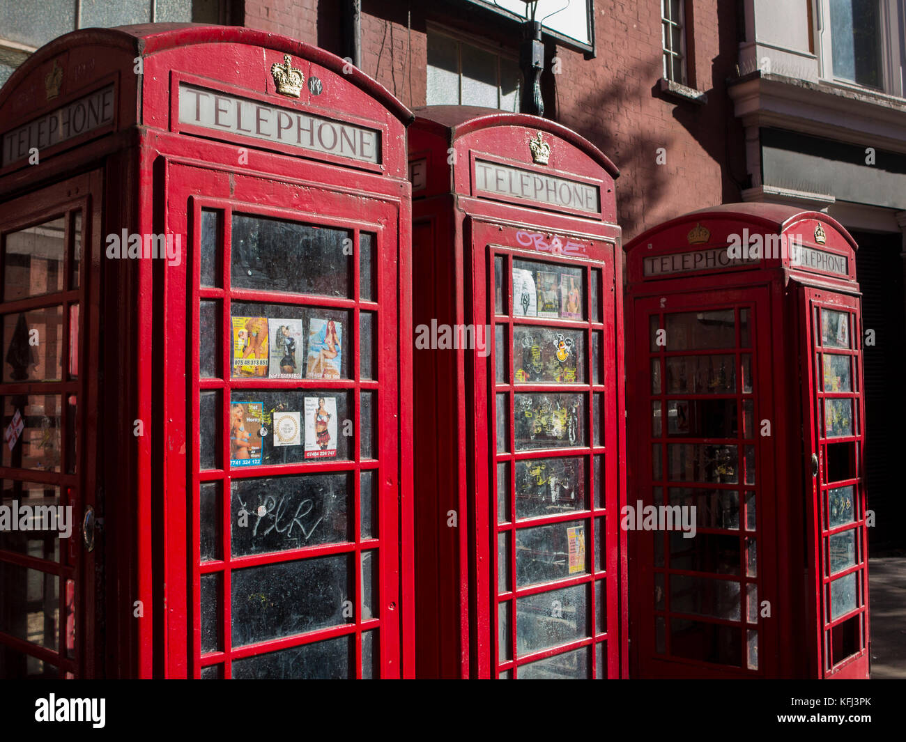 Three telephone boxes in London that appeared Mission: Impossible – Rogue Nation in Great Windmill Street, London W1 Stock Photo