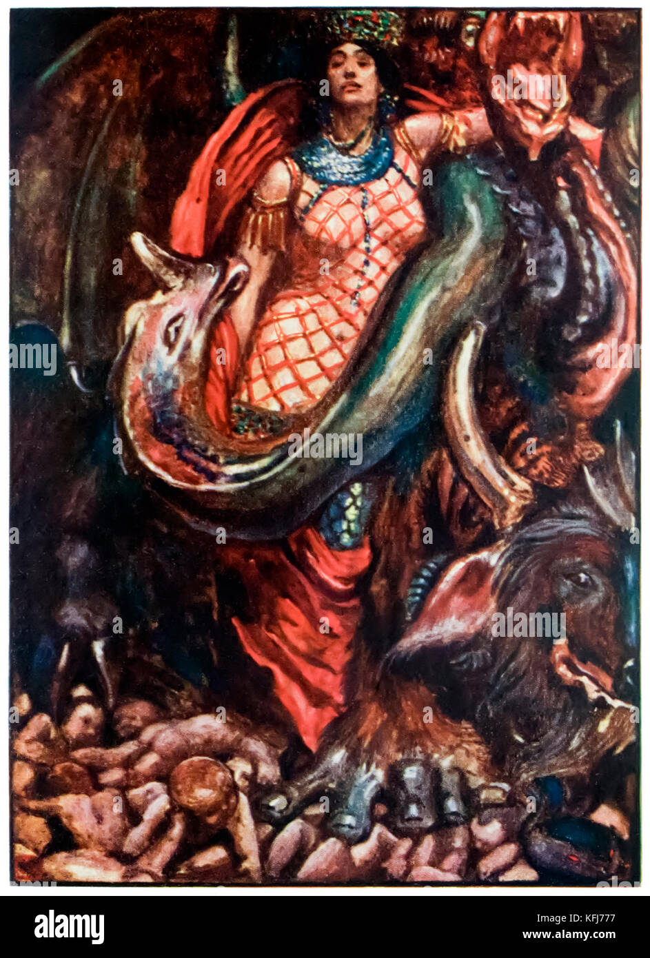 “Yet it was governed by a woman” from ‘The Pilgrim’s Progress From This World, To That Which Is To Come’ by John Bunyan (1628-1688). Illustration by Byam Shaw (1872-1919),  the beast with 7 heads and 10 horns. See more information below. Stock Photo