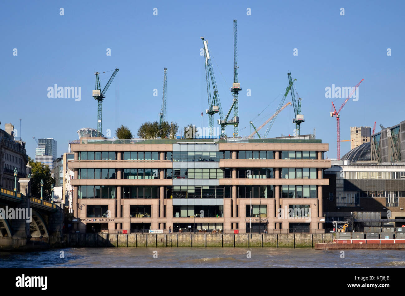Little Ship Club and King & Wood Mallesons building, London, UK, with Bloomberg Place development cranes behind. Stock Photo
