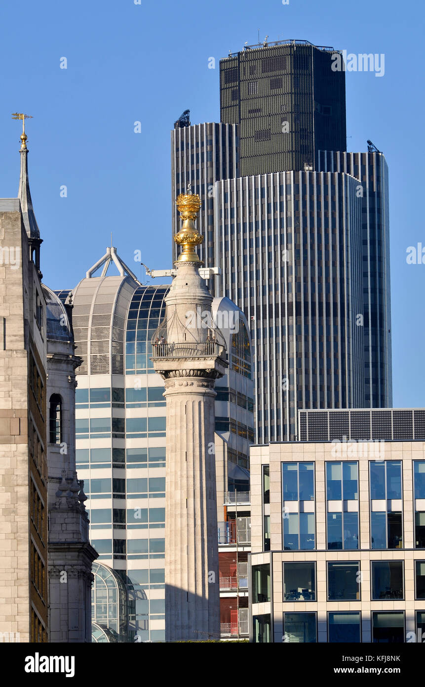 The Monument and Tower 42, London, UK. 20 Gracechurch Street building also visible. Stock Photo