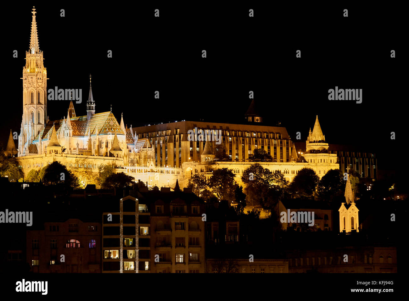 Matthias Church Budapest, view from distance across the river Danube at night Stock Photo