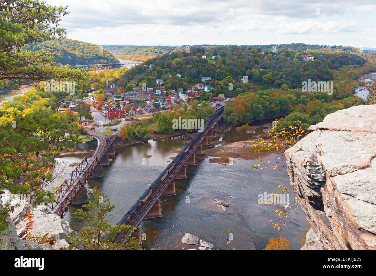 Aerial view on Harpers Ferry historic town and railroad in autumn