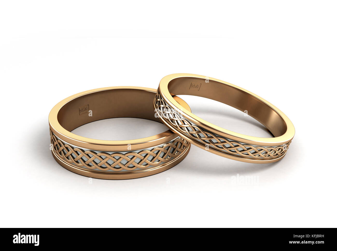 Wedding Rings Stock Image 3d render Gold wedding rings engraved isolated on white Stock Photo - Alamy