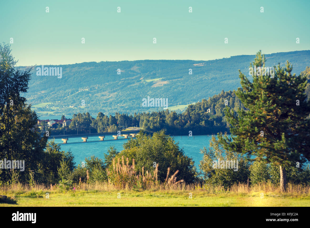 View of the fjord. Bridge over the fjord to the Gjovik city. Beautiful ...