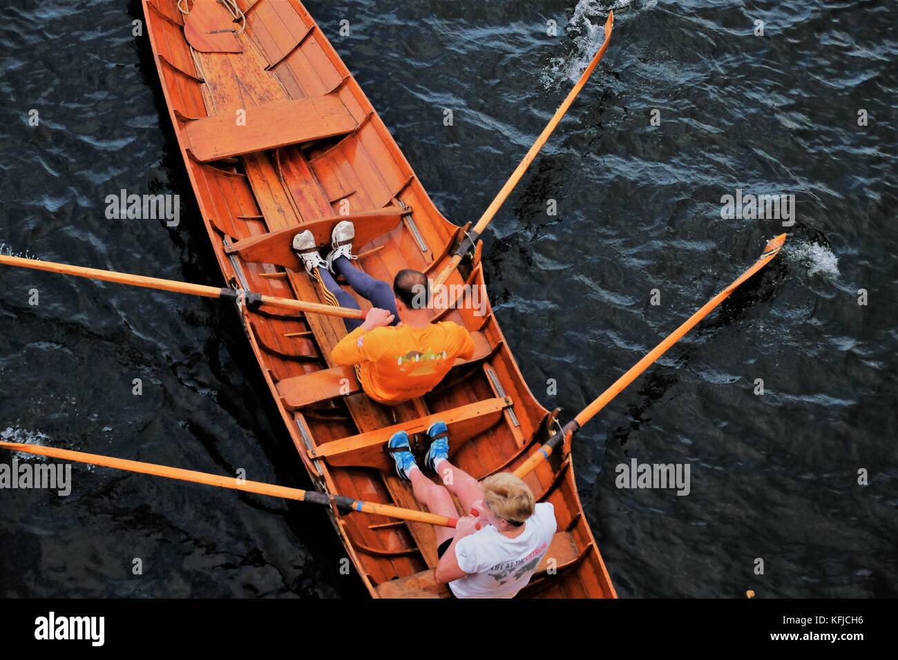 skiff boat, rowers from on high Stock Photo