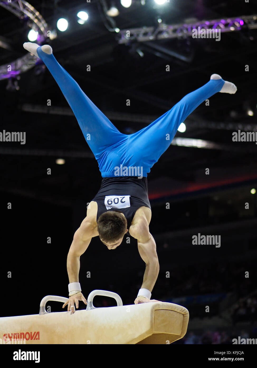 Sam Oldham in action at the 2017 British Gymnastics Championships.  In 2010 Sam won the high bar title at the Youth Olympics and also claimed the Junior European all-around title in the same year. At senior level, he took fourth place in the high bar final at the 2011 European Championships. After injury he won high bar gold and all-around silver at the 2012 British Championship before going on to claim Olympic team bronze in London. In 2013 success came at the European Championships in the form of high bar silver. At the 2014 British Championships Sam won high bar and rings bronze, finishing  Stock Photo
