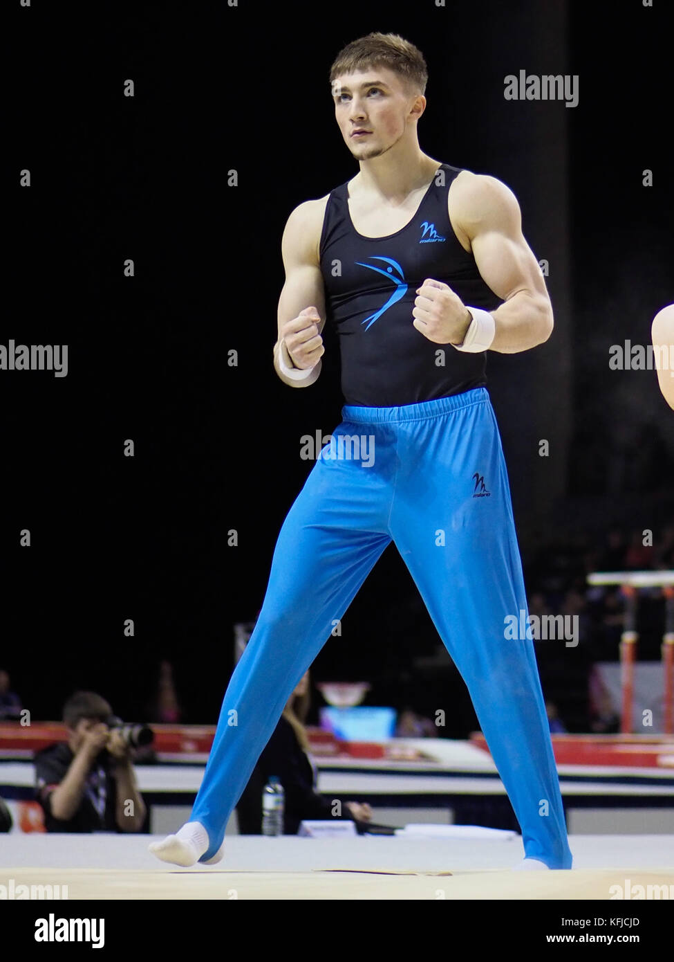Sam Oldham in action at the 2017 British Gymnastics Championships.  In 2010 Sam won the high bar title at the Youth Olympics and also claimed the Junior European all-around title in the same year. At senior level, he took fourth place in the high bar final at the 2011 European Championships. After injury he won high bar gold and all-around silver at the 2012 British Championship before going on to claim Olympic team bronze in London. In 2013 success came at the European Championships in the form of high bar silver. At the 2014 British Championships Sam won high bar and rings bronze, finishing  Stock Photo