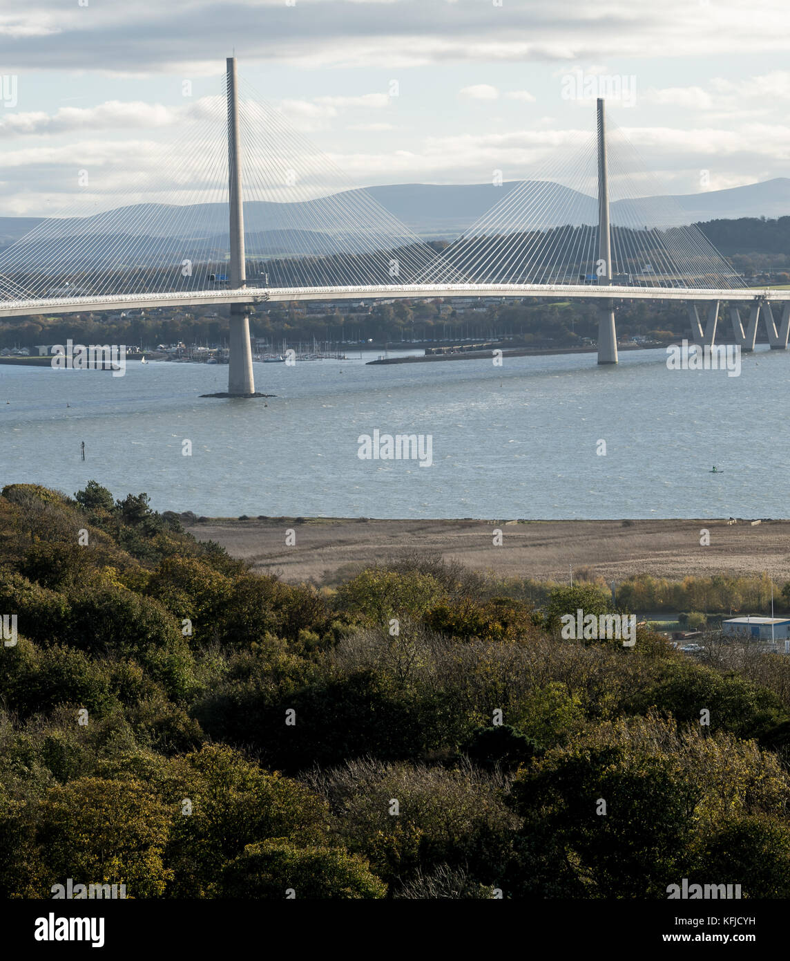 Rosyth Scotland, view of the new Queensferry crossing, a 2.7km road bridge between Edinburgh and Fife. the longest three-tower, cable-stayed bridge in Stock Photo