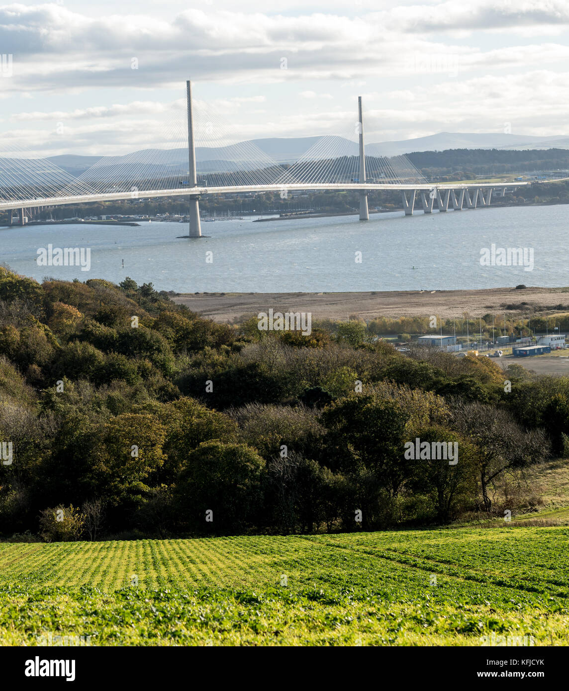 Rosyth Scotland, view of the new Queensferry crossing, a 2.7km road bridge between Edinburgh and Fife. the longest three-tower, cable-stayed bridge in Stock Photo