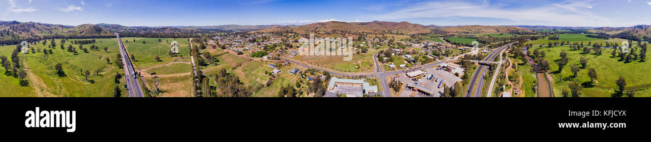Gundagai historic town on Sydney - Melbourne high speed Hume highway famous for Dog on the Tuckerbox. Aerial wide country side panorama with town hous Stock Photo