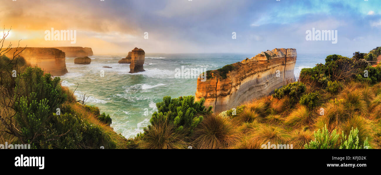 Razorblade cut off limestone rock of Great Ocean road twelve apostles marine park in Victoria. Colourful sunrise over apostles coast. Stock Photo