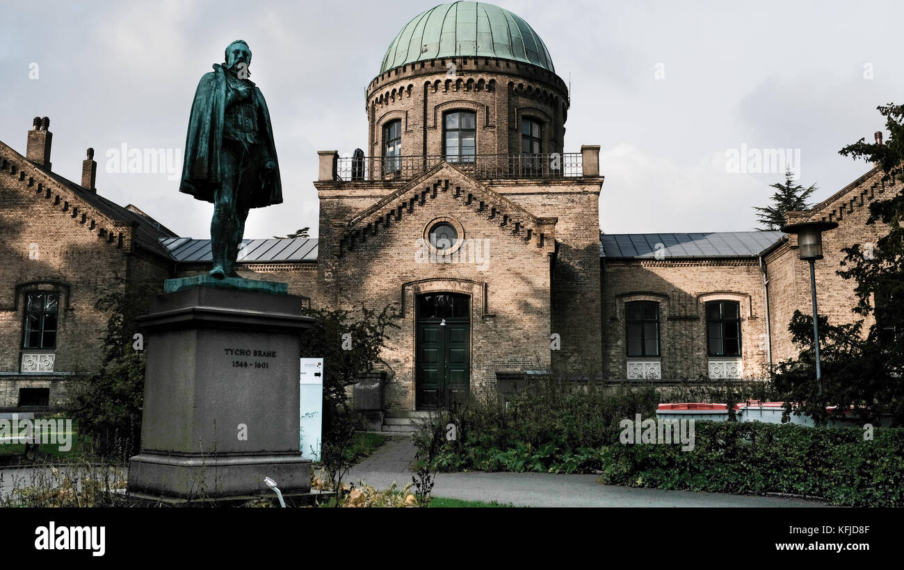 Bronze statue of Tycho Brahe, a Danish astronomer, at the Østervold Observatory, Copenhagen, Denmark Stock Photo