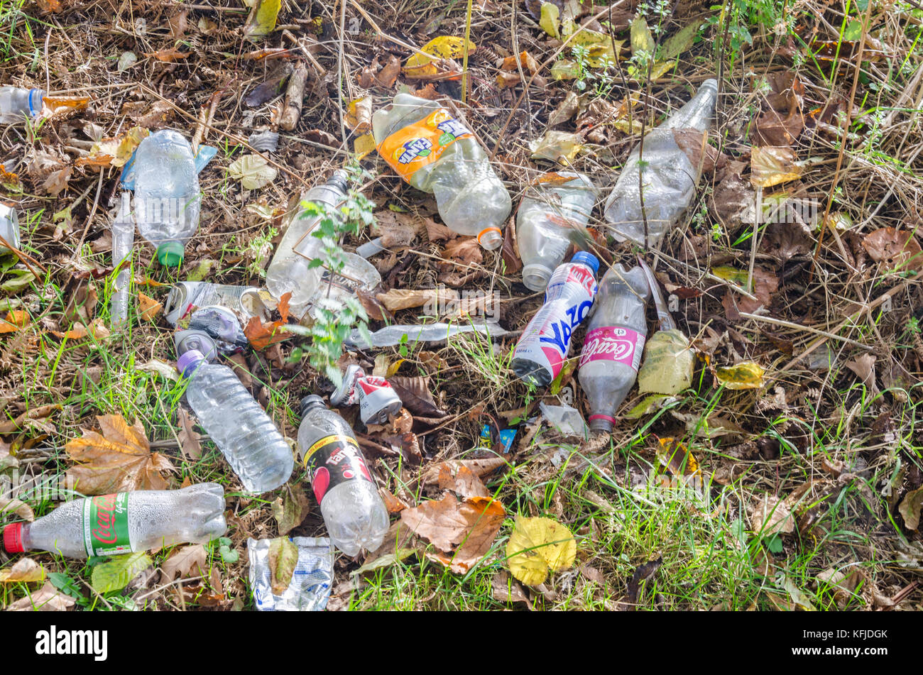 Empty plastic drink bottles and cans left littering the floor in the countryside. Stock Photo