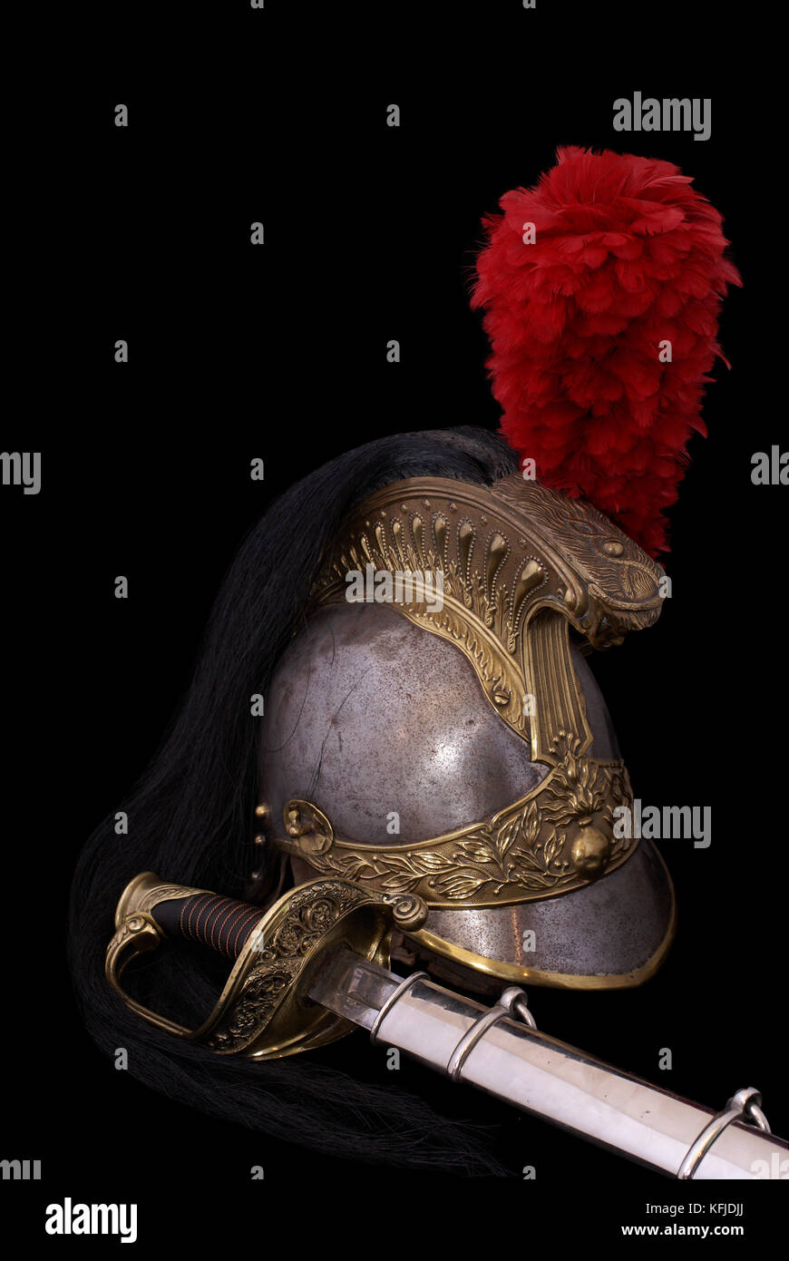 Composition with saber (sabre, cavalry sword) of French infantry officer (model 1855) and French cuirassier helmet (1836). Path on dark background. Stock Photo