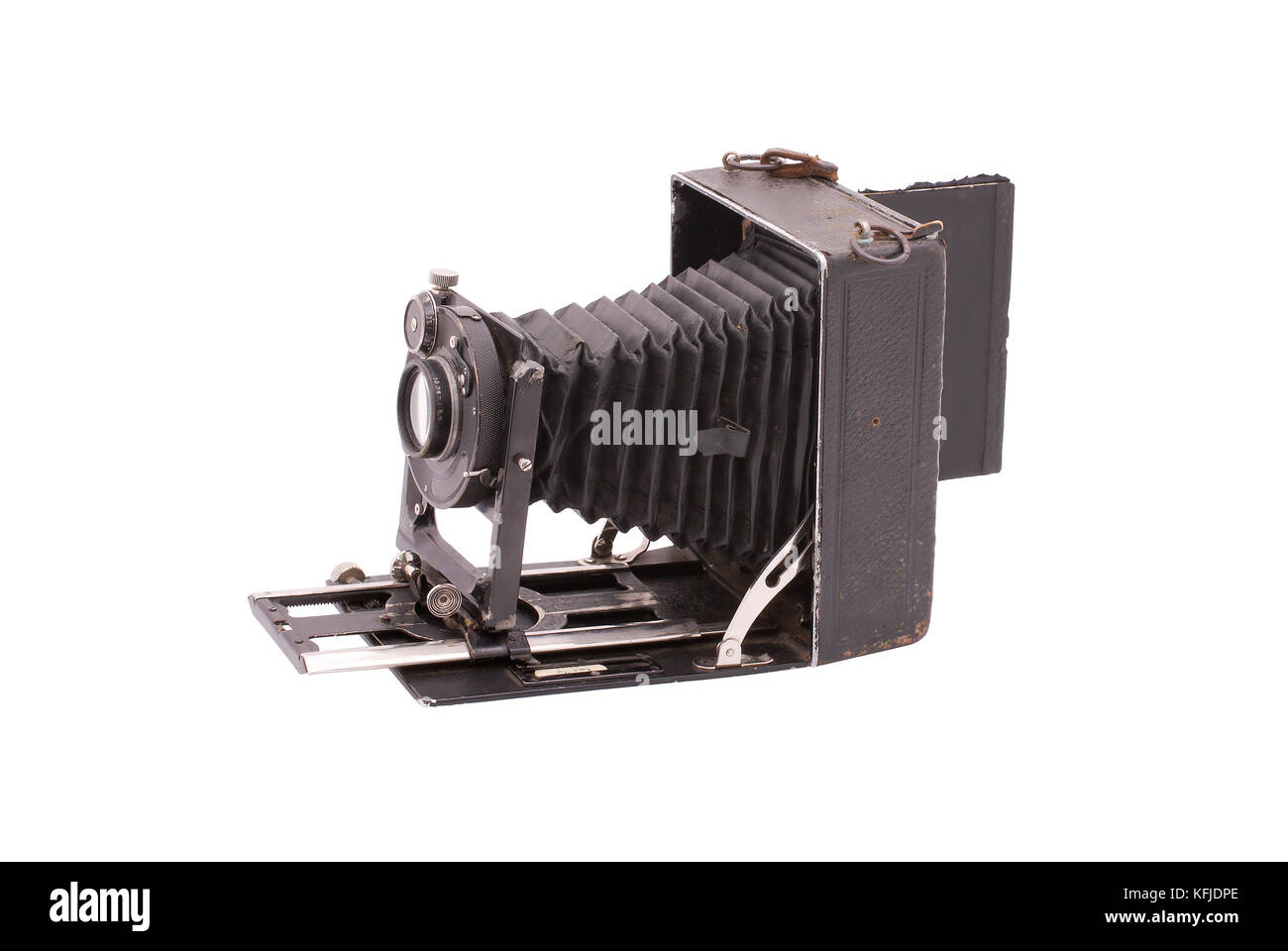 German old camera. The beggining of the 20th century. Path on white background. Stock Photo