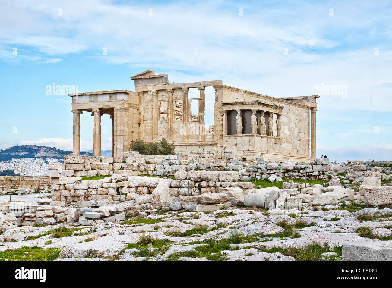 The Erechtheion is an ancient Greek temple on the north side of the Acropolis of Athens in Greece which was dedicated to both Athena and Poseidon Stock Photo