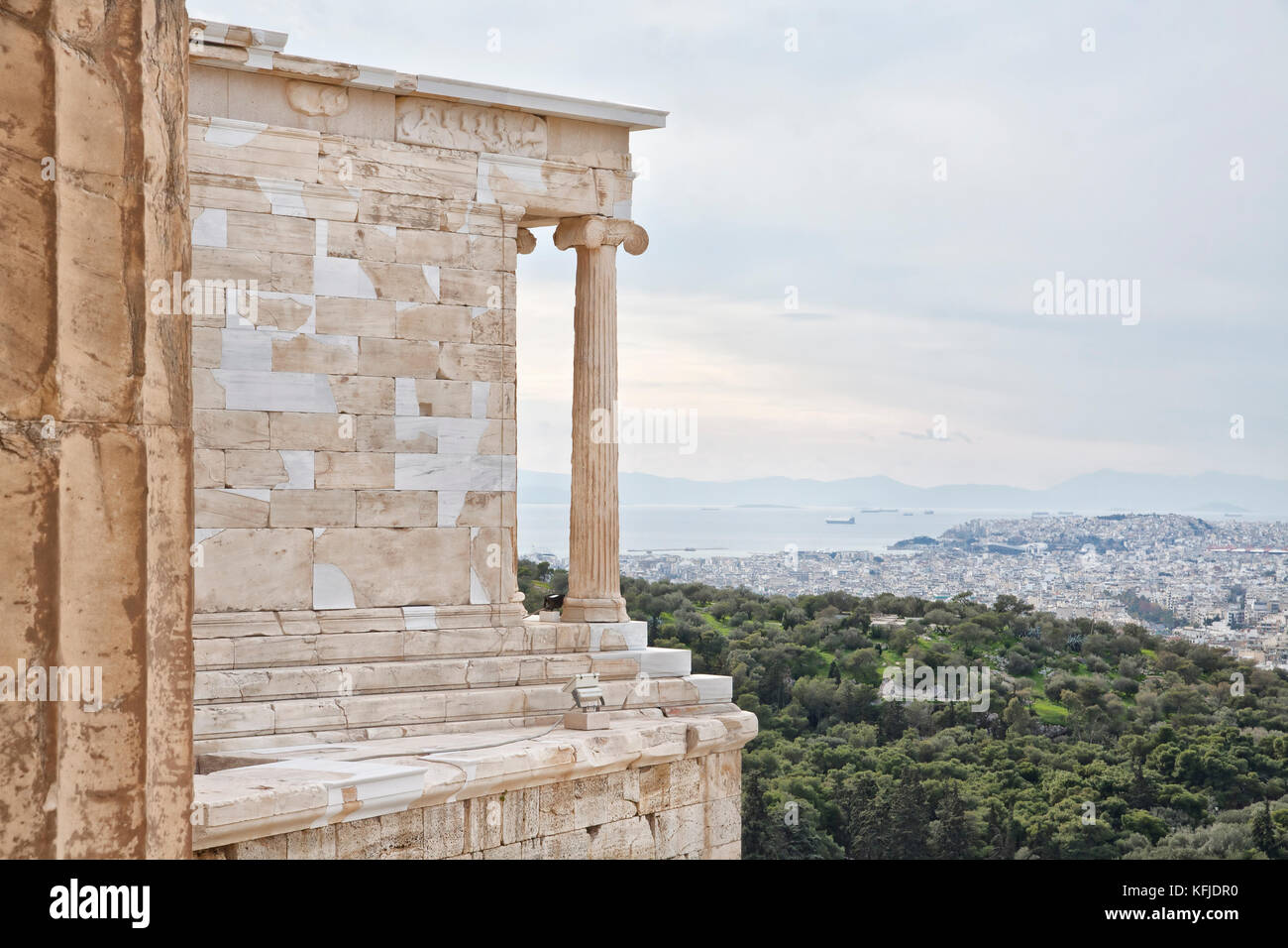 View from the Acropolis of Athens to the Saronic Gulf and port Piraeus. Piraeus is a port city in the region of Attica, Greece. In the foreground coul Stock Photo