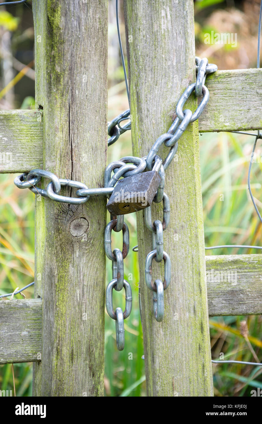 A wooden gate locked up with a metal chain and padlock. Stock Photo