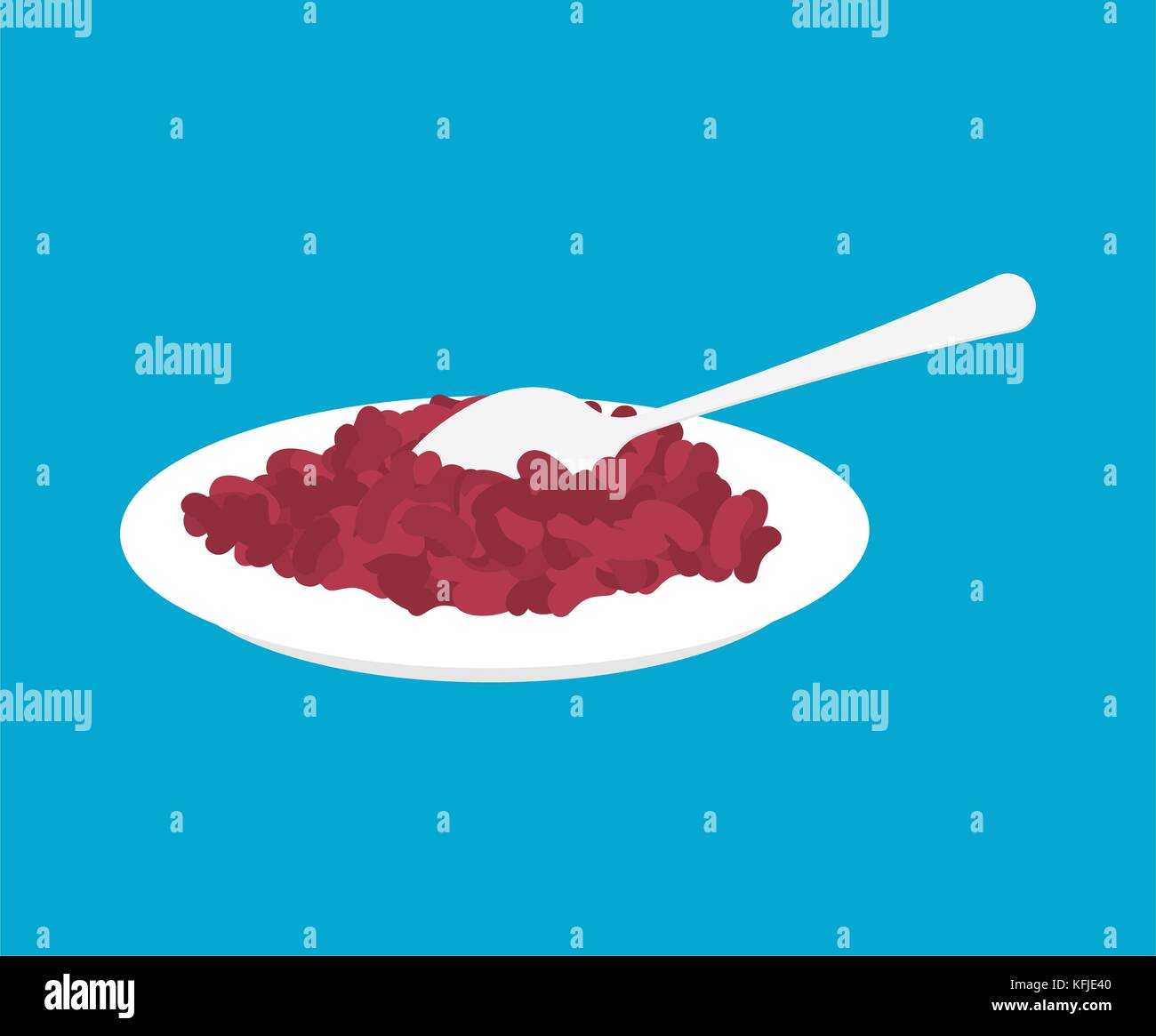 Red bean Porridge in plate and spoon isolated. Healthy food for breakfast. Vector illustration Stock Vector