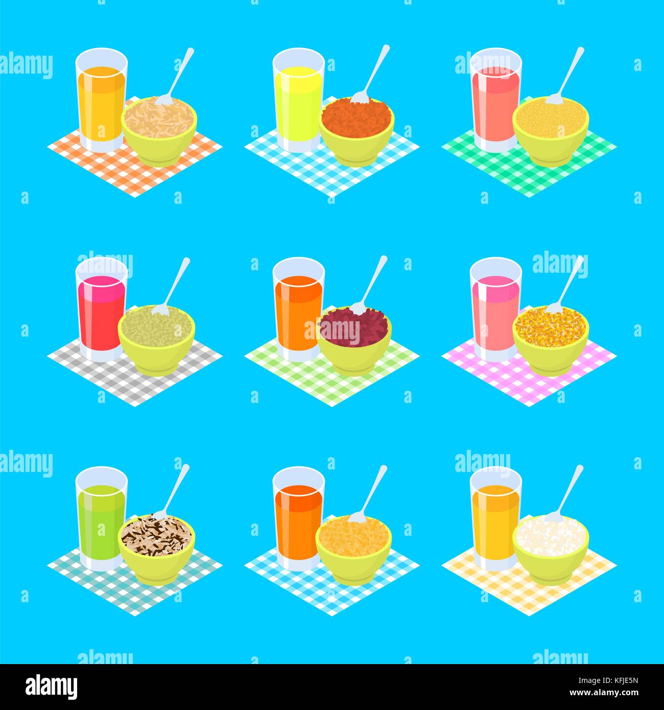 Breakfast Set 2. Porridge and fruit juice. Healthy food. Vector