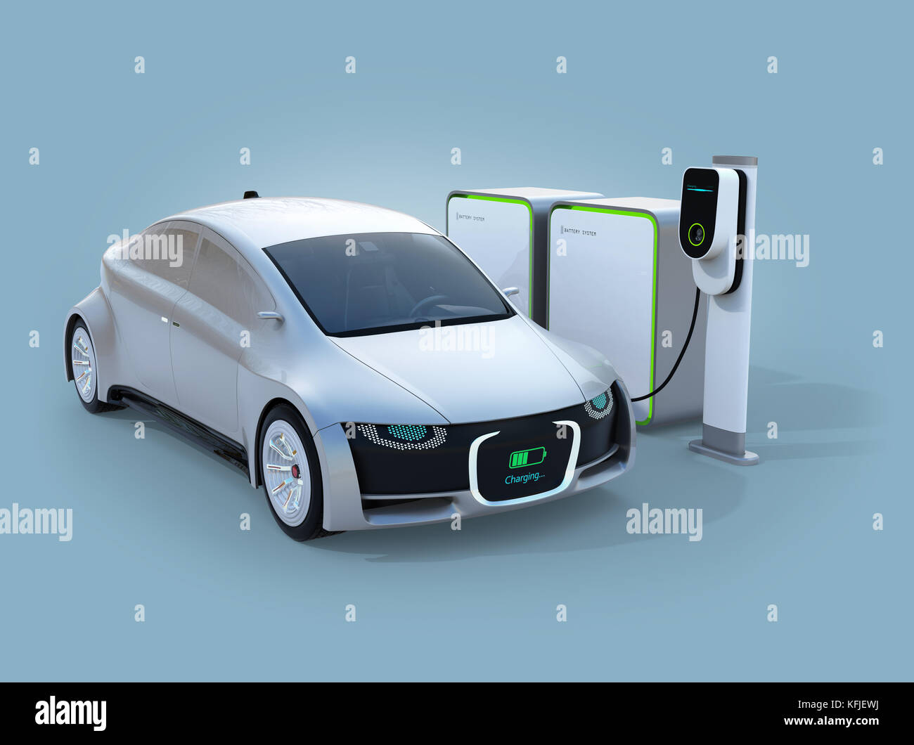 Electric car charging in charging station. Front grille with digital monitor display charging progress. 3D rendering image. Stock Photo