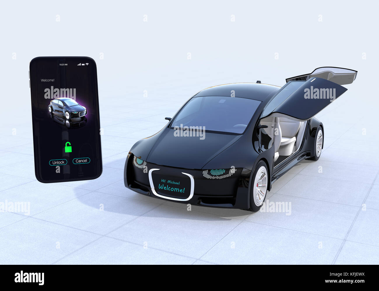 Using smart phone sharing app to unlock car's doors. Car sharing concept. 3D rendering image. Stock Photo