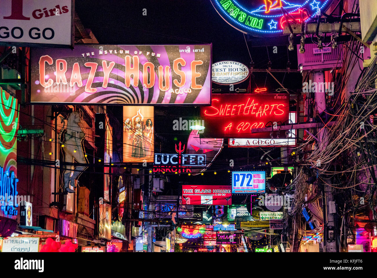 PATTAYA, THAILAND - AUGUST 07: Neon signs for bars and clubs in the famous Walking Street red light district on August 07, 2017 in Pattaya Stock Photo