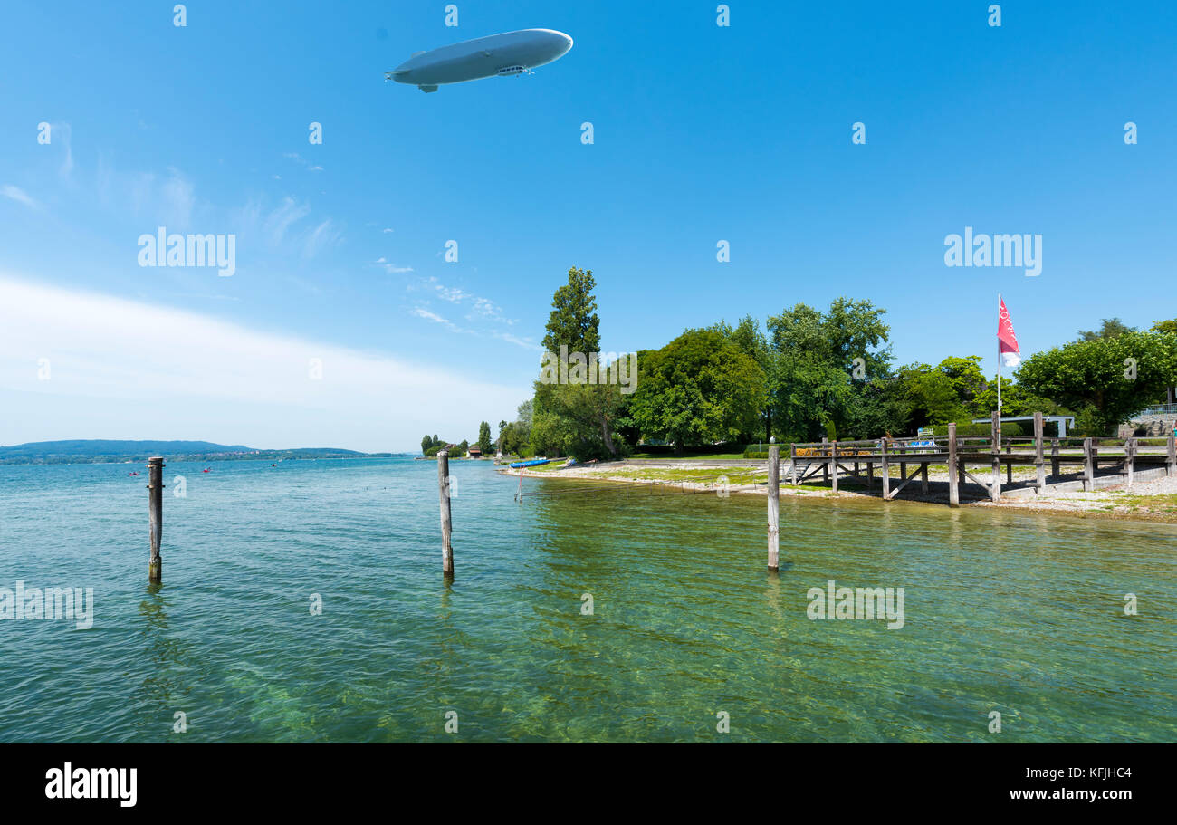 Beach on the island Reichenau at Lake Constance with zeppelin Lake