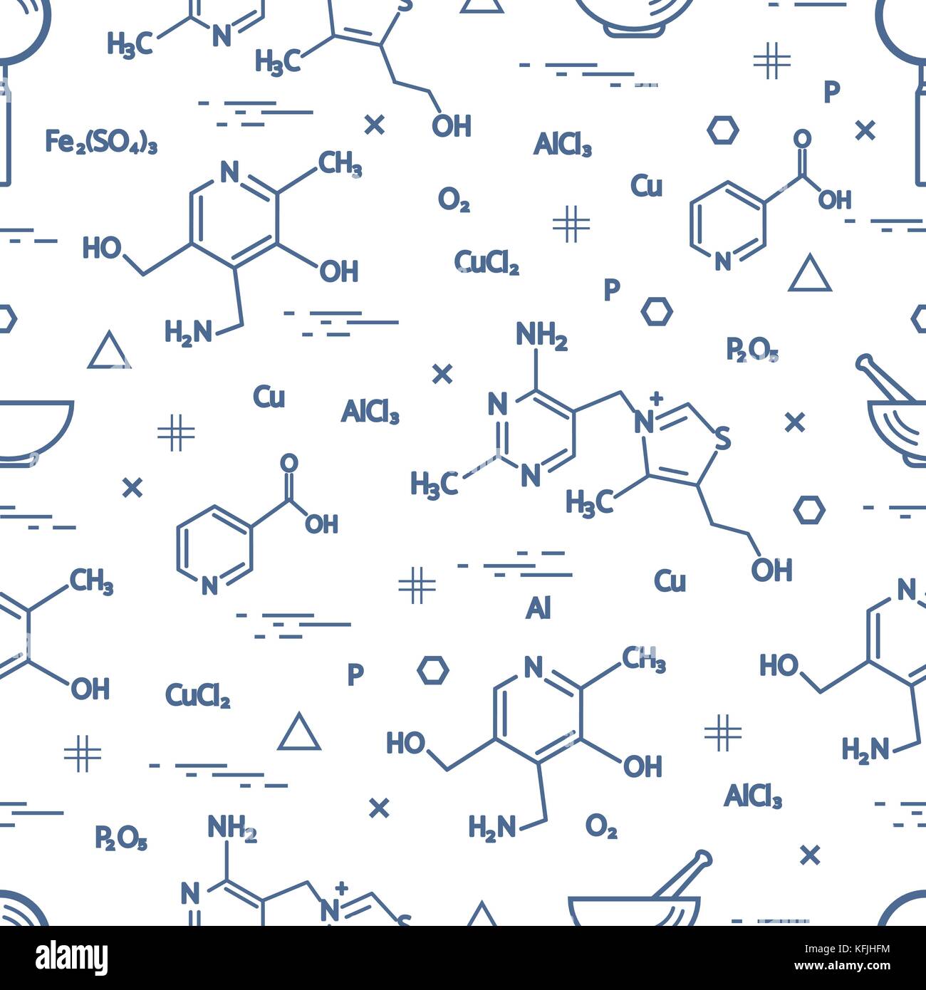 Seamless pattern with scientific, education elements: molecular structure, formula, pestle and other. Design for banner, poster or print. Stock Vector