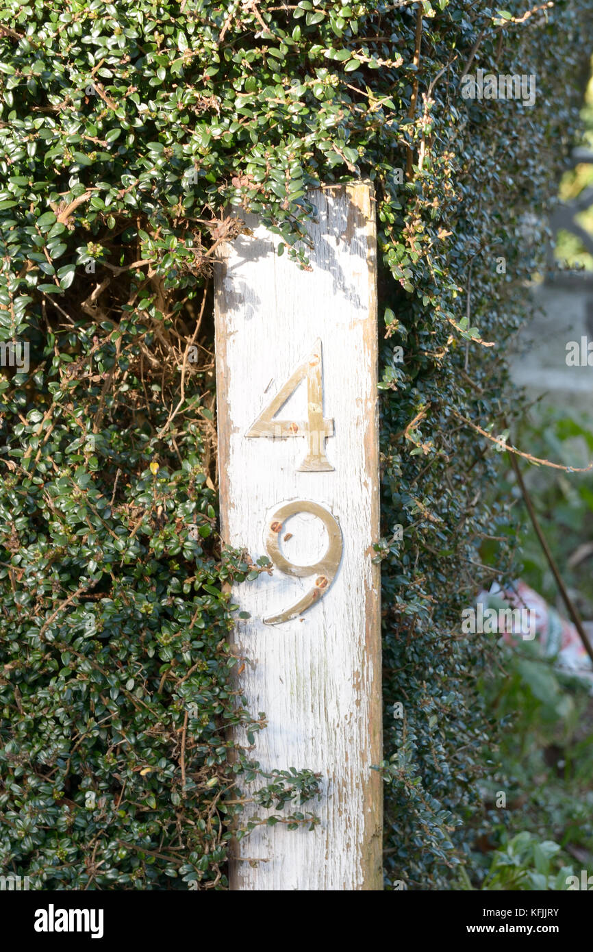 House number 49 sign on gate post Stock Photo