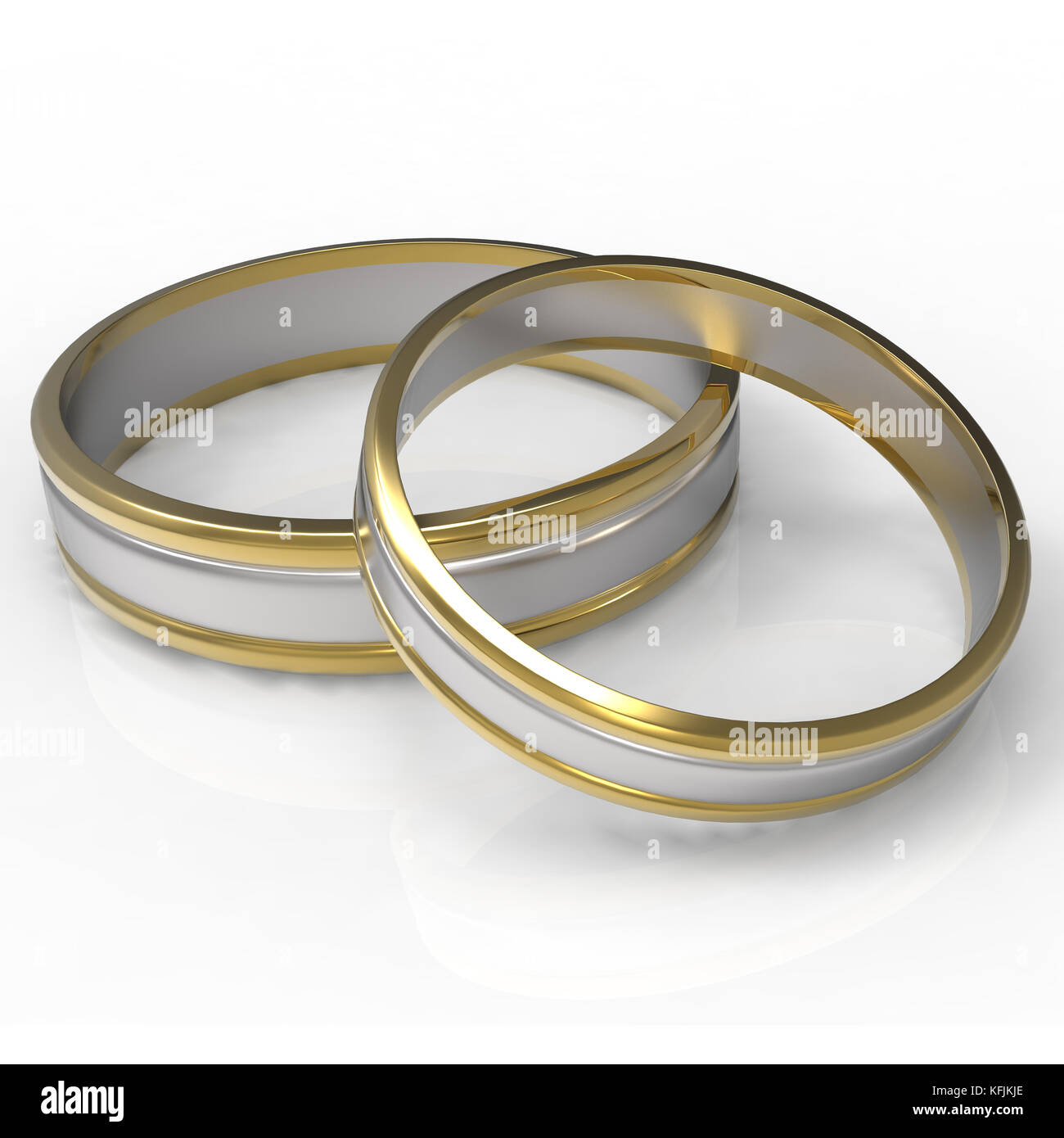 Closeup of Platinum wedding rings on white background. Stock Photo