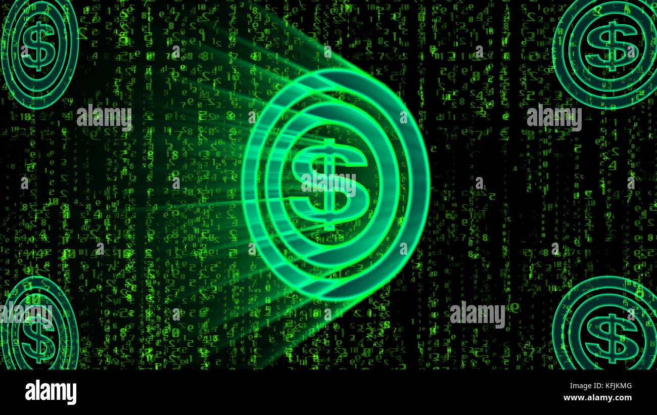 A striking 3d illustration of a green bitcoin dollar sign put in the center  of two sparkling circles in the black background covered with rows of Matr  Stock Photo - Alamy