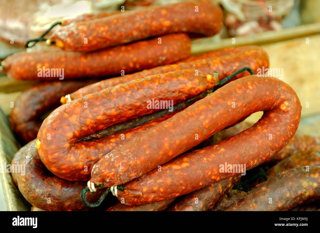 Chorizo sausage for sale on a market stall Stock Photo Alamy