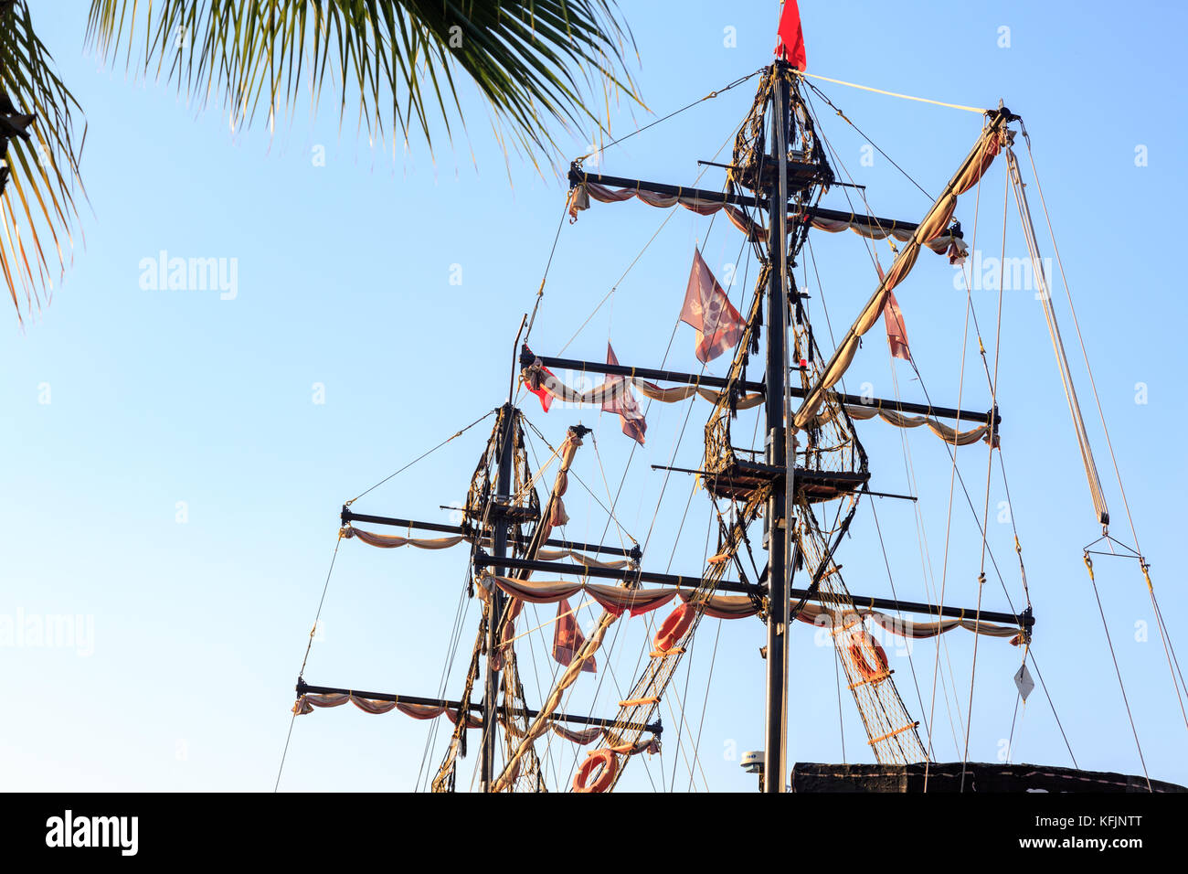 Pirate ship posts and flags Stock Photo Alamy
