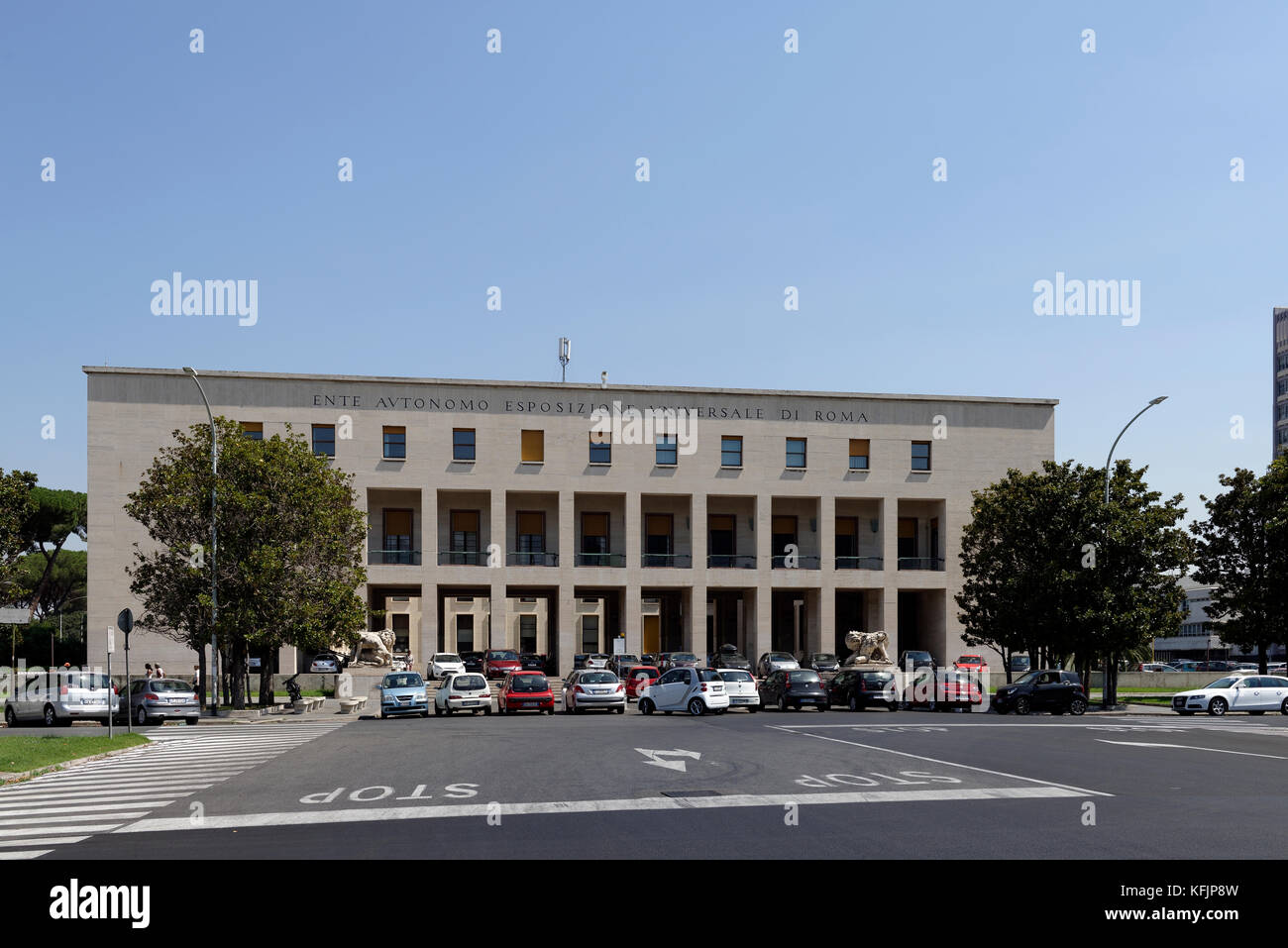 The facade of the Palazzo Uffici building inscribed with Ente Autonomo Esposizione Universale di Roma. EUR. Rome. Italy. Stock Photo