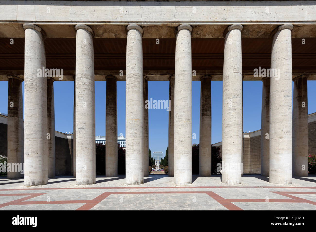 The colonnade portico of travertine columns of the Museum of Roman Civilisation (Museo della Civilta Romana). EUR, Rome, Italy. Stock Photo