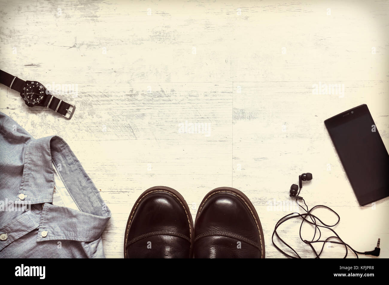 Male clothes and fashion accessories white grunge background flatlay Stock Photo