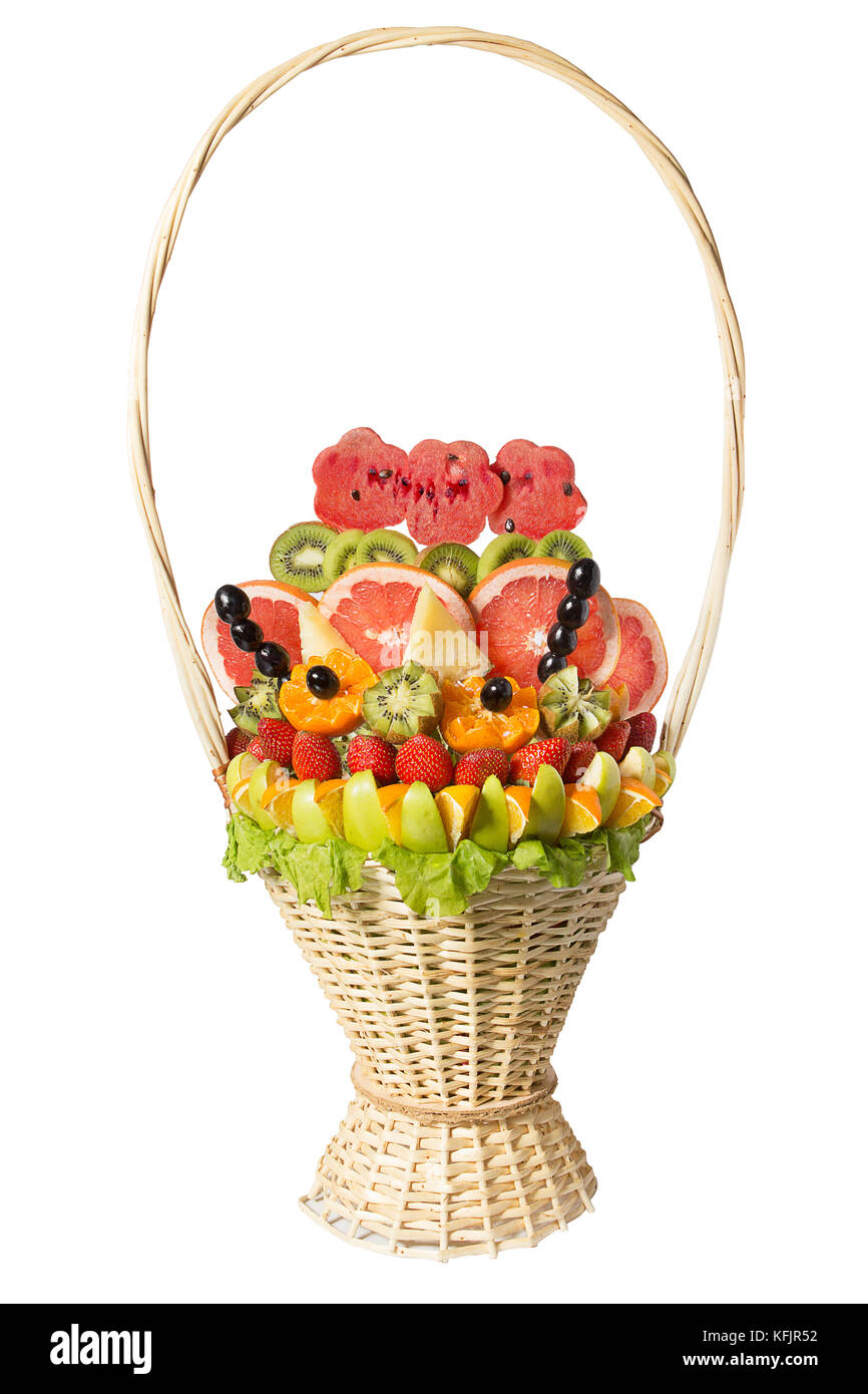Basket with fruits and berries in chocolate isolated on white