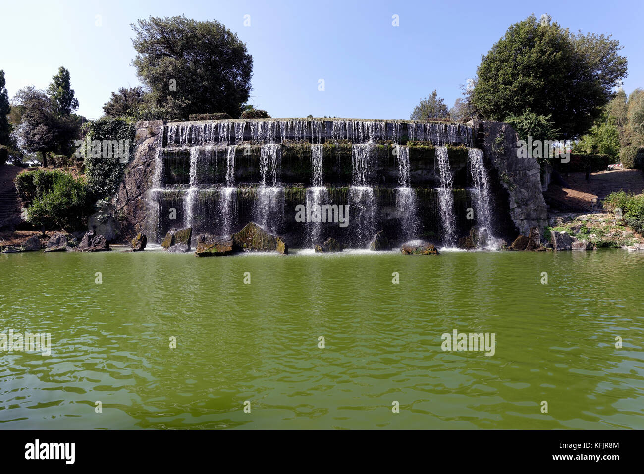 Jenne Waterfall Rome View of the large waterfall at the Giardino delle Cascate (Garden of ...