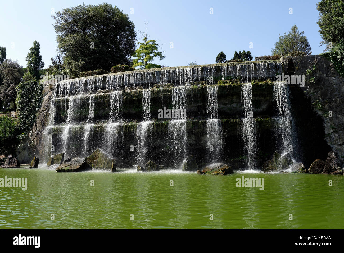 Jenne Waterfall Rome View of the large waterfall at the Giardino delle Cascate (Garden of ...