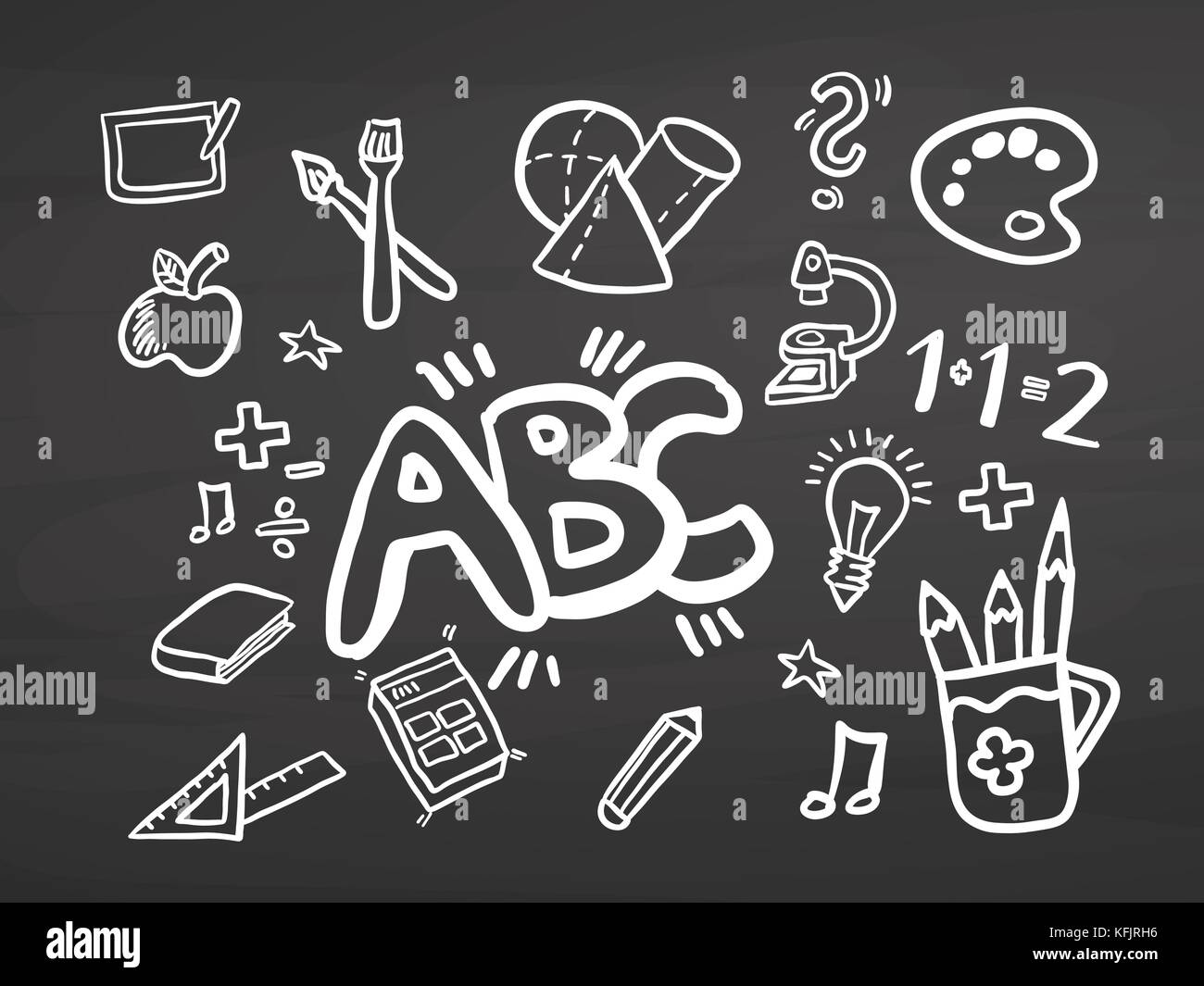 ABC Back to school doodles on chalkboard. Handdrawn vector sketch, clean outlines, vintage style blackboard. Stock Vector
