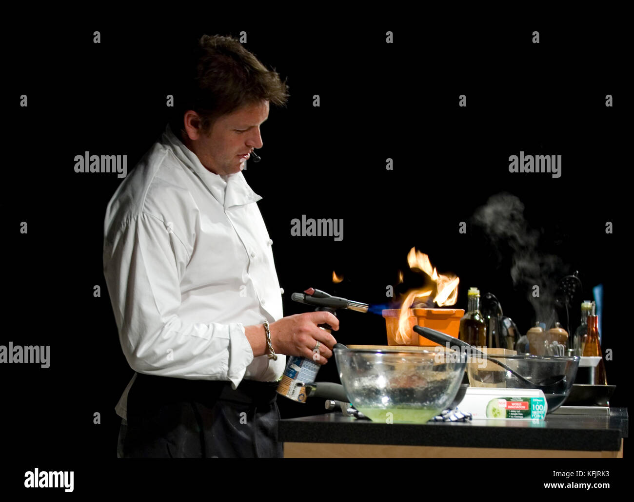 celebrity tv chef james martin using blow torch in tv studio kitchen stock photo alamy