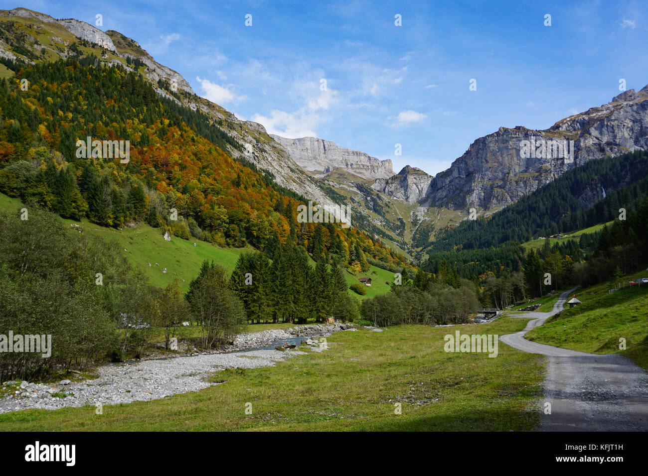 Idyllic green valley in front of klausenpass Stock Photo