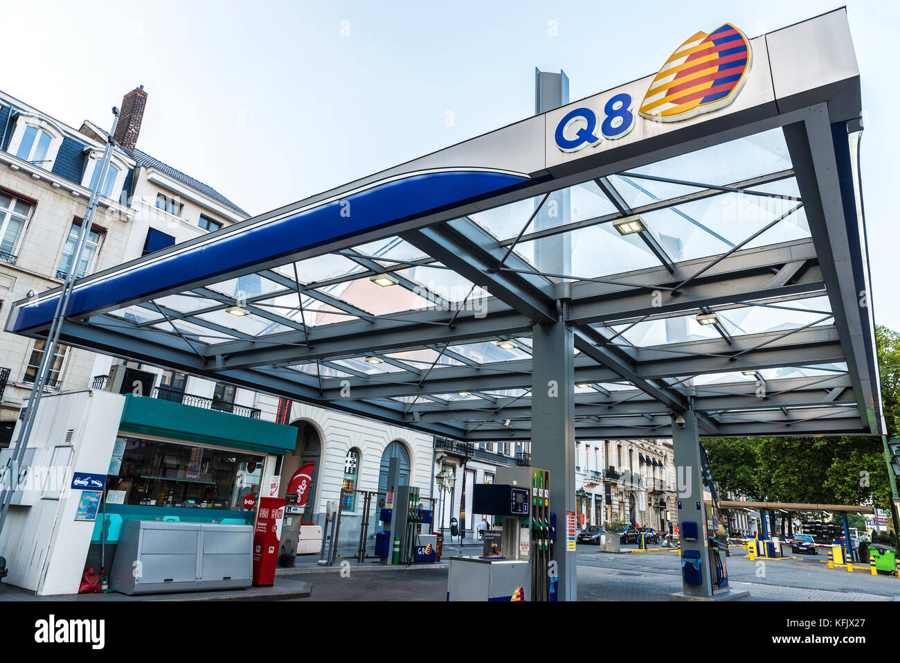 Brussels, Belgium - August 27, 2017: Q8 gas station in the center of Brussels, Belgium Stock Photo