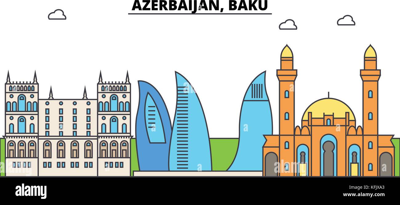 Azerbaijan, Baku outline city skyline, linear illustration, banner, travel landmark, buildings silhouette,vector Stock Vector