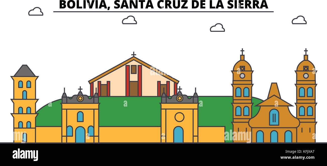 Bolivia, Santa Cruz De La Sierra outline city skyline, linear illustration, banner, travel landmark, buildings silhouette,vector Stock Vector