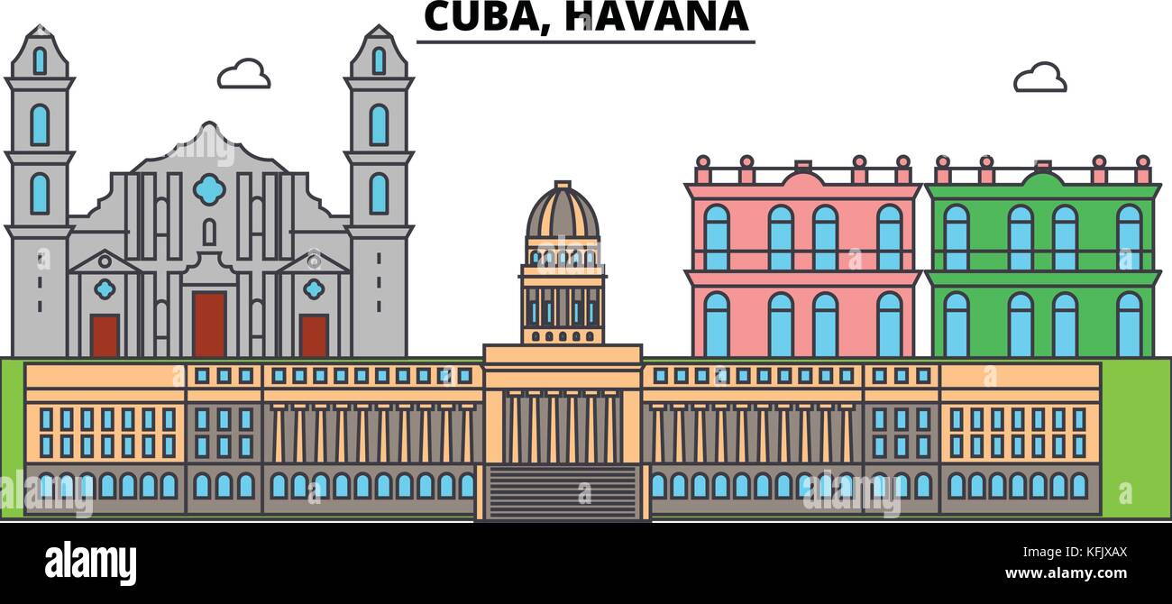 Cuba, Havana outline city skyline, linear illustration, banner, travel ...